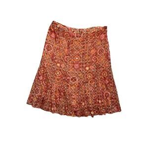 Etcetera Printed Silk Blend Skirt A Line Sz 6 Small Orange Red Gold Metallic